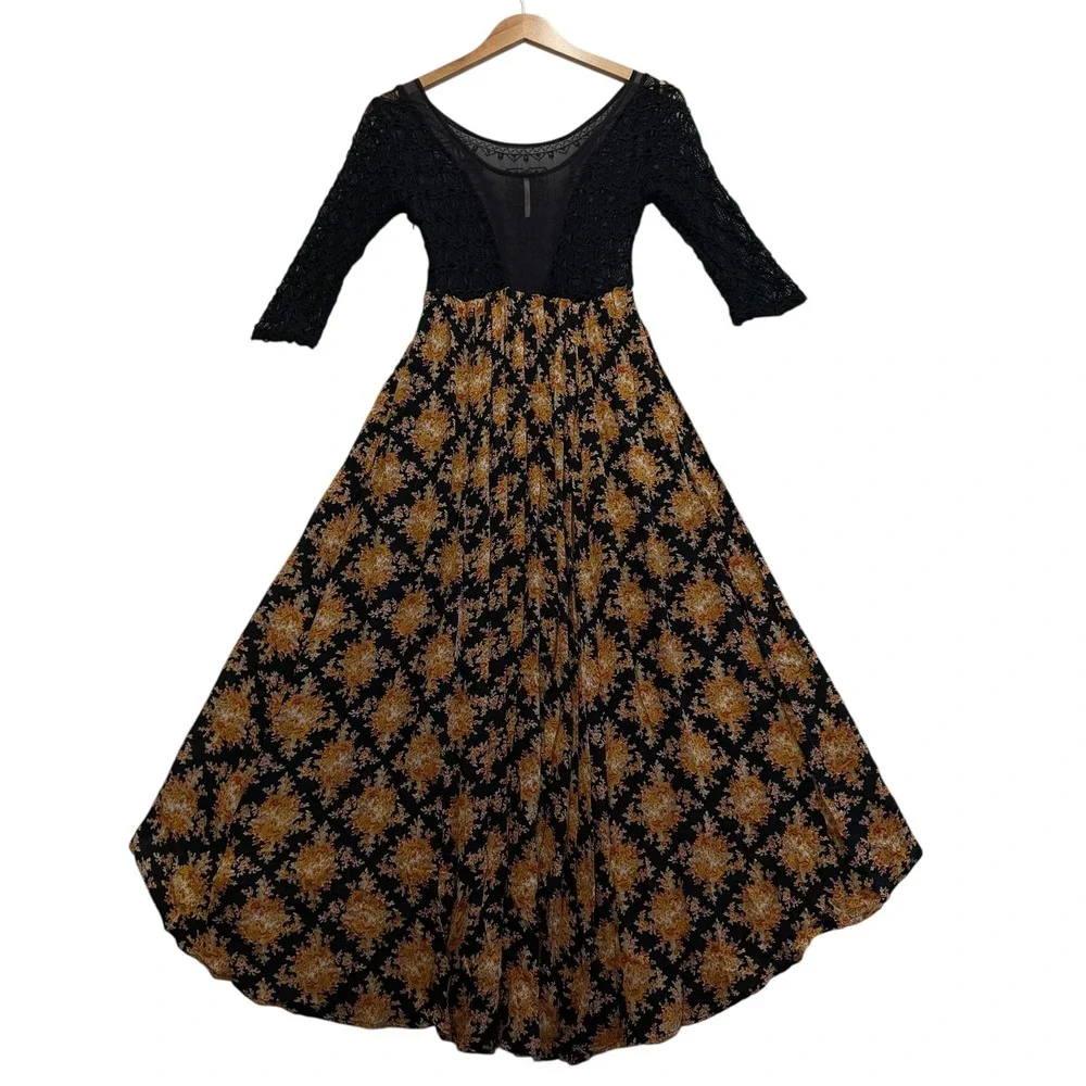 Free People Lonesome Dove High Low Floral Lace Black Yellow Boho Dress Size 0 - Picture 3 of 8